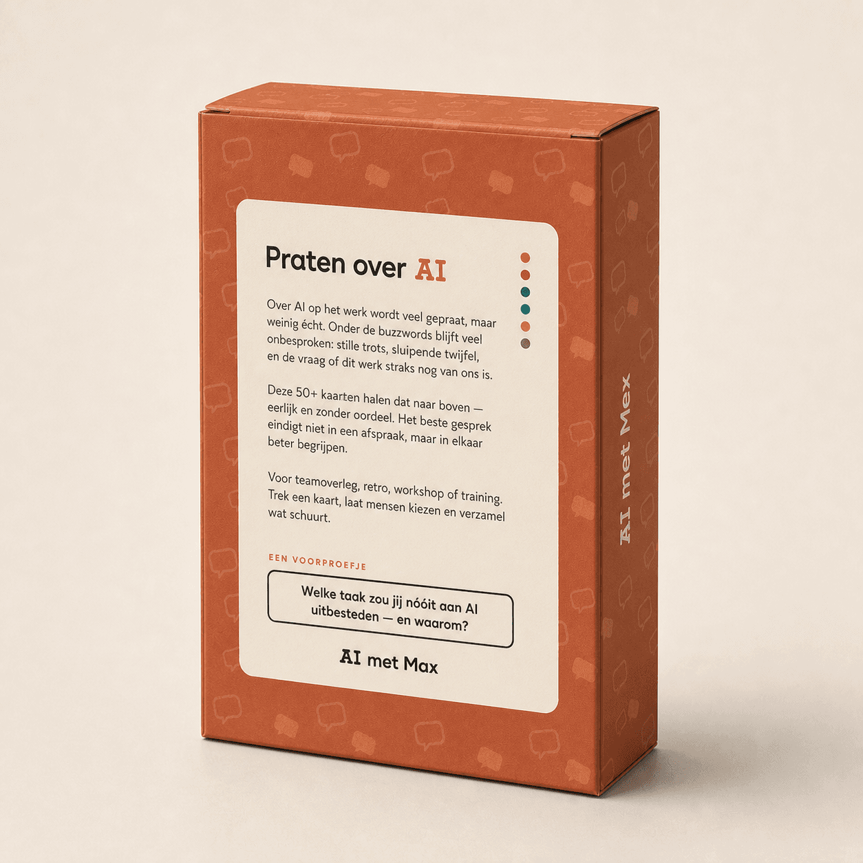 3D-productvisualisatie van de achterkant van het doosje met AI-gesprekskaarten